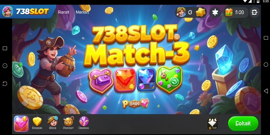 Screenshot menampilkan gameplay seru 738SLOT dengan berbagai item warna-warni.