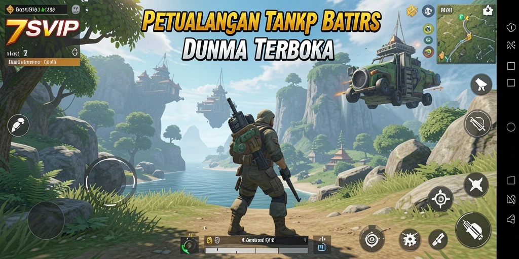 Screenshot gameplay 7SVIP menunjukkan eksplorasi dunia terbuka yang luas
