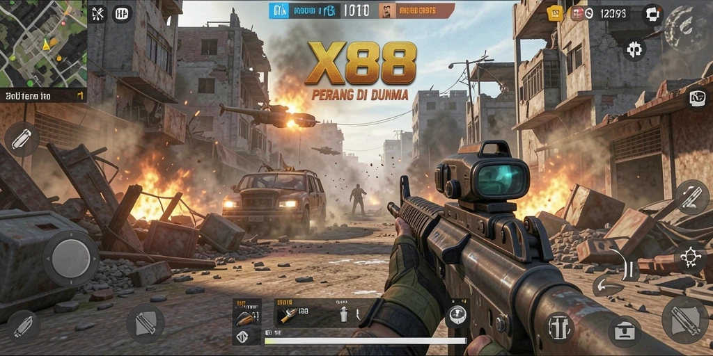 Gameplay X88 yang intens dan realistis dalam pertempuran FPS.