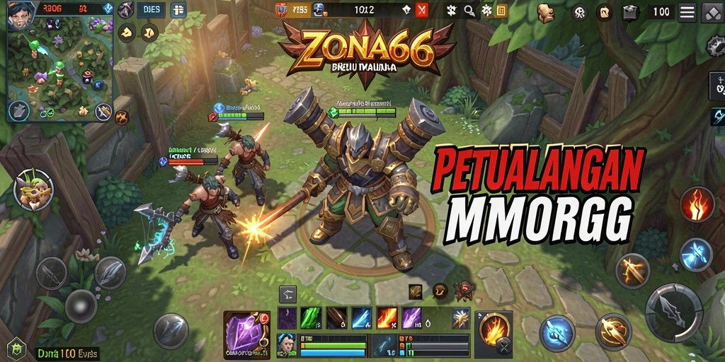 Screenshot gameplay ZONA66 yang menampilkan pertempuran epik di dunia MMORPG.